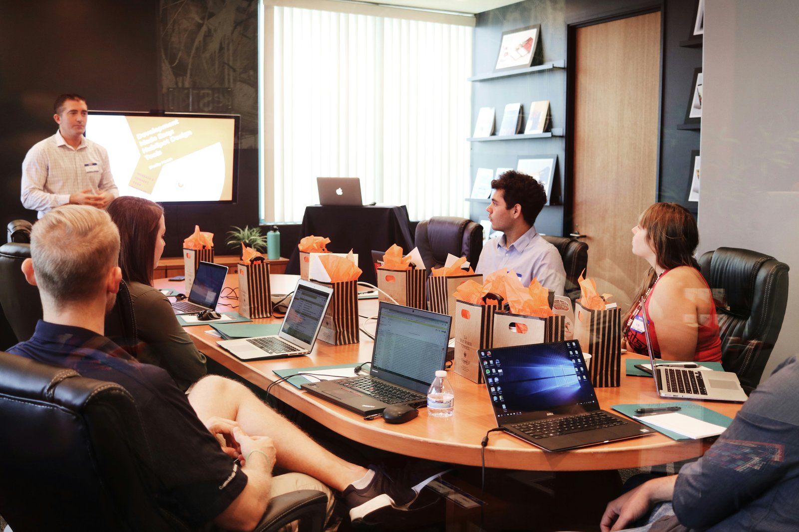 Strategy meeting around a workspace table